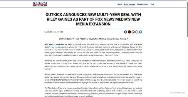 Security scan screenshot of https://press.foxnews.com/2025/12/outkick-announces-new-multi-year-deal-with-riley-gaines-as-part-of-fox-news-medias-new-media-expansion