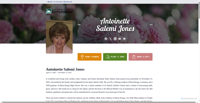 Security scan screenshot of https://www.resthavenbatonrouge.com/obituaries/antoinette-jones