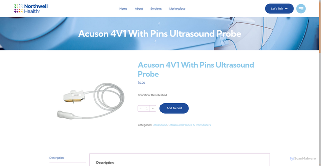 Security scan screenshot of https://northwellhealthmarketplace.com/product/acuson-4v1-with-pins-ultrasound-probe/