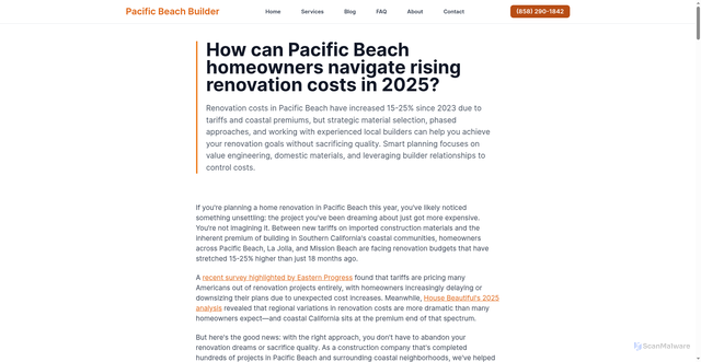Security scan screenshot of https://pacificbeachbuilder.pages.dev/navigating-rising-renovation-costs-2025-pacific-beach