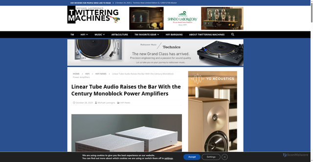 Security scan screenshot of https://twitteringmachines.com/linear-tube-audio-raises-the-bar-with-the-century-monoblock-power-amplifiers/