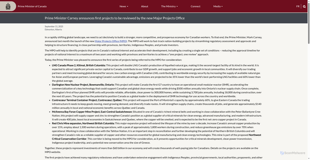Security scan screenshot of https://www.pm.gc.ca/en/news/news-releases/2025/09/11/prime-minister-carney-announces-first-projects-be-reviewed-new