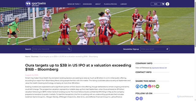 Security scan screenshot of https://sportswirewomen.com/oura-targets-up-to-3b-in-us-ipo-at-a-valuation-exceeding-16b-bloomberg/