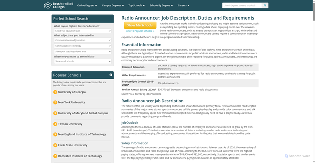 Security scan screenshot of https://bestaccreditedcolleges.org/articles/radio-announcer-job-description-duties-and-requirements.html