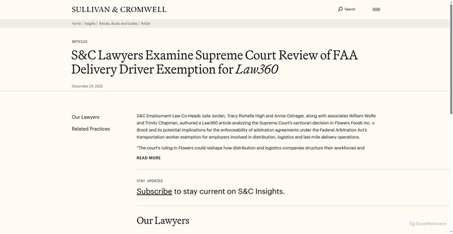 Security scan screenshot of https://www.sullcrom.com/insights/articles/2025/December/SC-Lawyers-Examine-Supreme-Court-Review-FAA-Delivery-Driver-Exemption-Law360