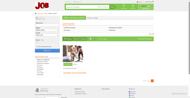 Security scan screenshot of https://jobses.site/index.php?page=search&sRegion=Balearic+Islands&sCountry=ES&sOrder=i_price&iOrderType=asc