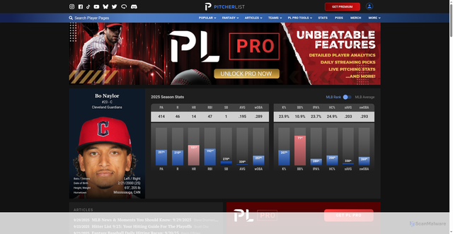 Security scan screenshot of https://pitcherlist.com/player/bo-naylor/