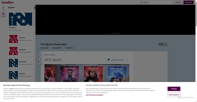 Security scan screenshot of https://prosportsteams.fandom.com/wiki/AFC_North