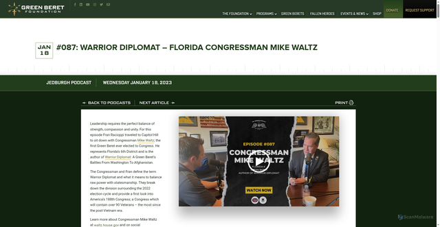 Security scan screenshot of https://greenberetfoundation.org/jedburghpodcast/087-warrior-diplomat-florida-congressman-mike-waltz/