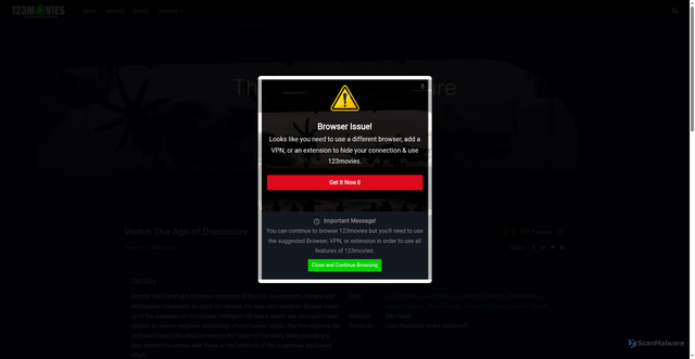 Security scan screenshot of https://movievideo.info/movie/1422166/the-age-of-disclosure