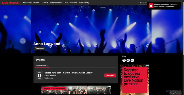 Security scan screenshot of https://www.livenation.co.nz/anna-lapwood-tickets-adp1681217