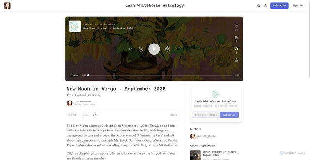 Security scan screenshot of https://leahwhitehorse.substack.com/p/new-moon-in-virgo-september-2026