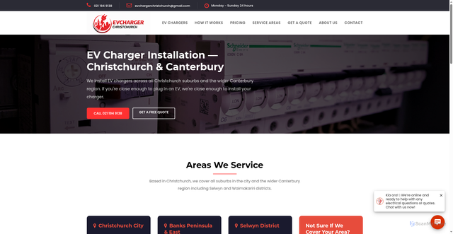 Security scan screenshot of https://evchargerchristchurch.co.nz/ev-charger-installation-areas-christchurch