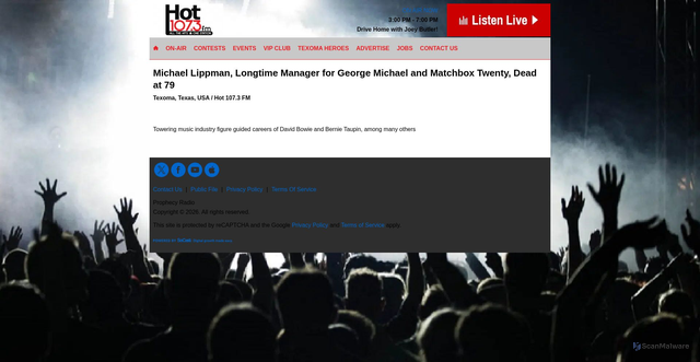 Security scan screenshot of https://hot1073fm.com/2025/12/29/michael-lippman-longtime-manager-for-george-michael-and-matchbox-twenty-dead-at-79/