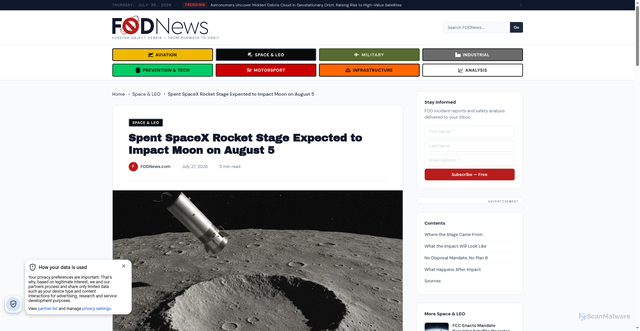 Security scan screenshot of https://fodnews.com/spacex-falcon9-upper-stage-lunar-impact-einstein-crater/
