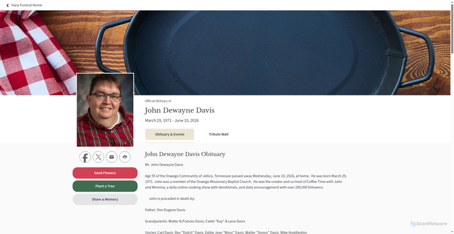 Security scan screenshot of https://www.harpfuneralhome.com/obituary/John-Davis