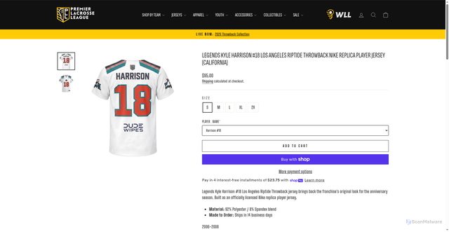 Security scan screenshot of https://shop.premierlacrosseleague.com/products/legends-kyle-harrison-18-los-angeles-riptide-throwback-nike-replica-player-jersey?srsltid=AfmBOopIUAfkVKHT4kE07Jh-ImKpscOi4EsagTfI67LyyACR8sJ8GTqY