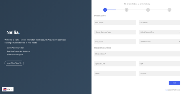 Security scan screenshot of https://nellia.online/bank/signup/verify-registration.php