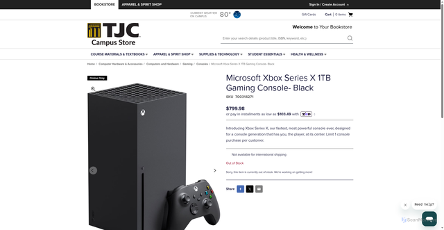 Security scan screenshot of https://tjc.bncollege.com/Computer-Hardware--Accessories/Computers-and-Hardware/Gaming/Consoles/Microsoft-Xbox-Series-X-1TB-Gaming-Console--Black/p/700314271