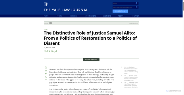 Security scan screenshot of https://yalelawjournal.org/forum/the-distinctive-role-of-justice-samuel-alito