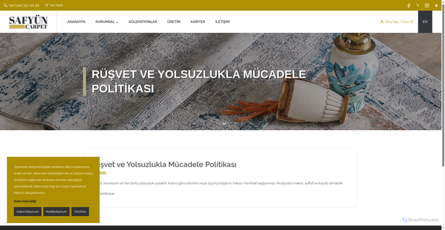 Security scan screenshot of https://safyun-carpet.com/politikalarimiz/rusvet-ve-yolsuzlukla-mucadele-politikasi