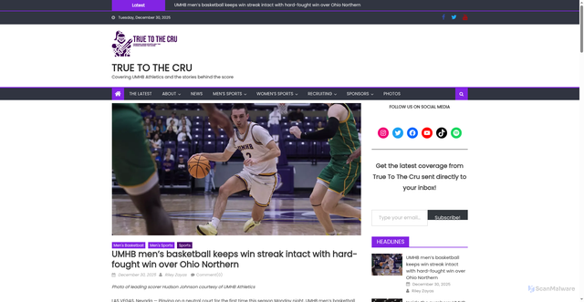 Security scan screenshot of https://truetothecru.com/2025/12/30/umhb-mens-basketball-keeps-win-streak-intact-with-hard-fought-win-over-ohio-northern/