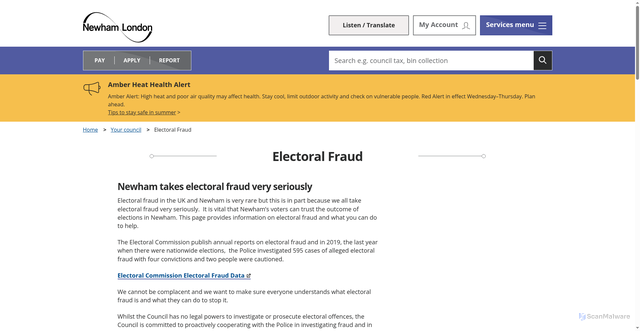 Security scan screenshot of https://www.newham.gov.uk/council/electoral-fraud