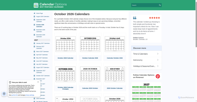Security scan screenshot of https://calendaroptions.com/october-2026-calendars/