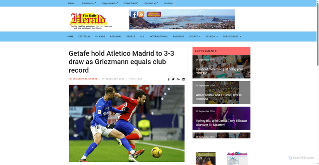 Security scan screenshot of https://www.thedailyherald.sx/sport/international-sports/getafe-hold-atletico-madrid-to-3-3-draw-as-griezmann-equals-club-record