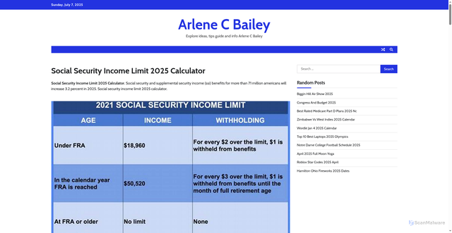 Security scan screenshot of https://arlenecbaileya.pages.dev/ssnko-social-security-income-limit-2025-calculator-wpscd/