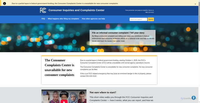 Security scan screenshot of https://consumercomplaints.fcc.gov/hc/en-us