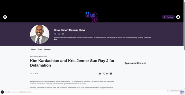 Security scan screenshot of https://mymagic989.iheart.com/featured/steve-harvey-morning-show/content/2025-10-10-kim-kardashian-and-kris-jenner-sue-ray-j-for-defamation/