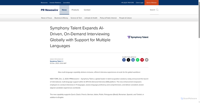 Security scan screenshot of https://www.prnewswire.co.uk/news-releases/symphony-talent-expands-ai-driven-on-demand-interviewing-globally-with-support-for-multiple-languages-302629709.html
