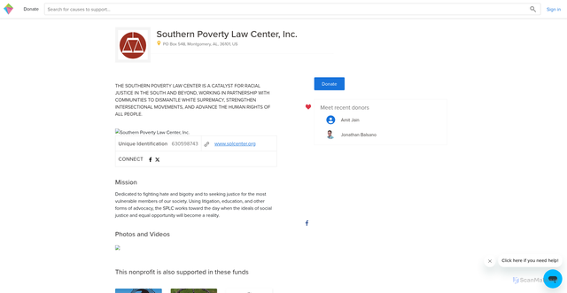 Security scan screenshot of https://www.brightfunds.org/organizations/southern-poverty-law-center
