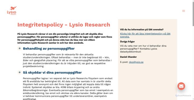Security scan screenshot of https://lysio.se/integritetspolicy/