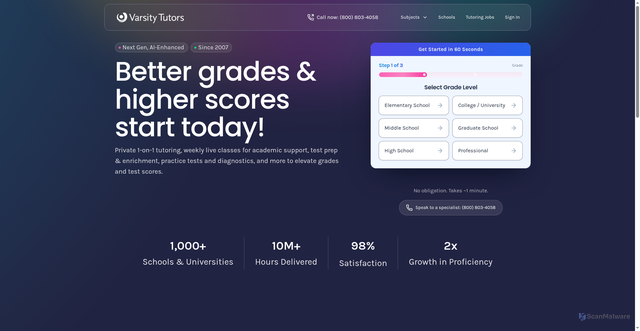 Security scan screenshot of https://varsitytutors.com