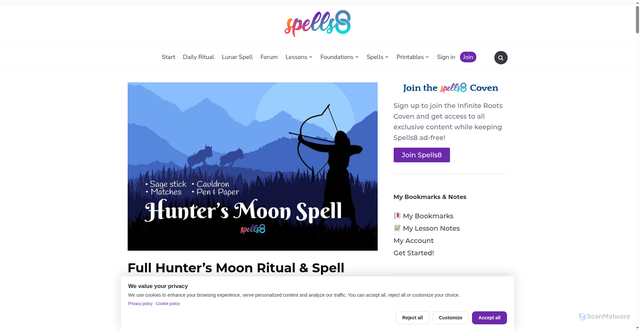Security scan screenshot of https://spells8.com/full-hunters-moon-ritual/