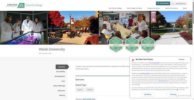 Security scan screenshot of https://abound.college/finishcollege/school/walsh-university/