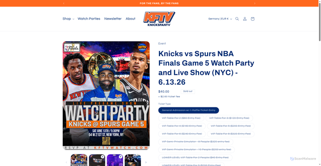 Security scan screenshot of https://shop.knicksfantv.com/products/knicks-vs-spurs-nba-finals-game-5-watch-party-and-live-show-nyc-6-13-26?srsltid=AfmBOorNY8mPEvh8yekgwNyBa_mgfBjKxvjXNtyg1r2_VQf3MWADcImT