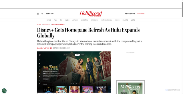 Security scan screenshot of https://www.hollywoodreporter.com/business/business-news/disney-plus-homepage-refresh-hulu-expansion-1236391770/