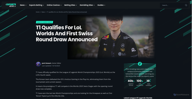 Security scan screenshot of https://esports-news.co.uk/2025/10/14/t1-faker-qualiy-lol-worlds-2025-swiss-stage-draw/