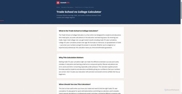 Security scan screenshot of https://crunchmilk.pages.dev/trade-vs-college-calculator/