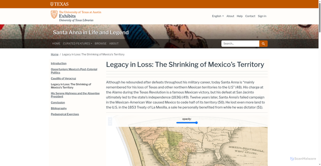 Security scan screenshot of https://exhibits.lib.utexas.edu/spotlight/santa-anna-in-life-and-legend/feature/legacy-in-loss-the-shrinking-of-mexico-s-territory