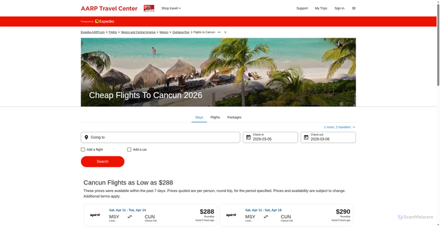 Security scan screenshot of https://www.expedia-aarp.com/Cheap-Flights-To-Cancun.d179995.Travel-Guide-Flights