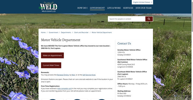 Security scan screenshot of https://www.weld.gov/Government/Departments/Clerk-and-Recorder/Motor-Vehicle-Department