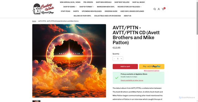 Security scan screenshot of https://erodingwinds.com/products/avtt-pttn-avtt-pttn-cd-avett-brothers-and-mike-patton?srsltid=AfmBOoozR_IwVQkEvxqJoVK_aRTdQqM9W0bLgqTlarfRfrYvnhLoL5P-
