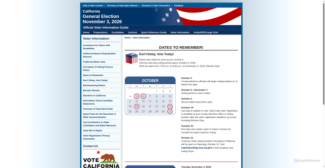 Security scan screenshot of https://voterguide.sos.ca.gov/voter-info/dates-to-remember.htm