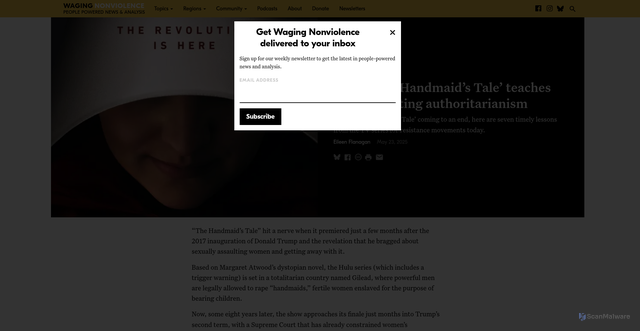 Security scan screenshot of https://wagingnonviolence.org/2025/05/the-handmaids-tale-lessons-resisting-authoritarianism/
