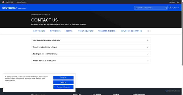 Security scan screenshot of https://help.ticketmaster.com/hc/en-us/articles/9605825450129-How-to-Contact-Us