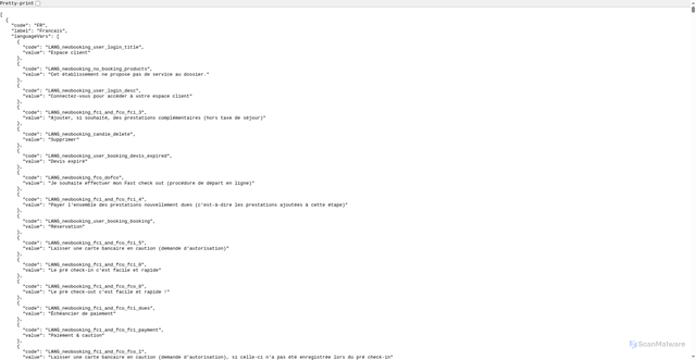 Security scan screenshot of https://preprodeurogroup.neobooking.fr/varlang/cache.json